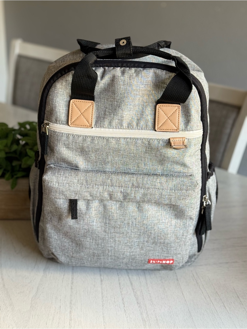 Skip Hop Light Gray Diaper Bag with Black Accents and Tan Trim